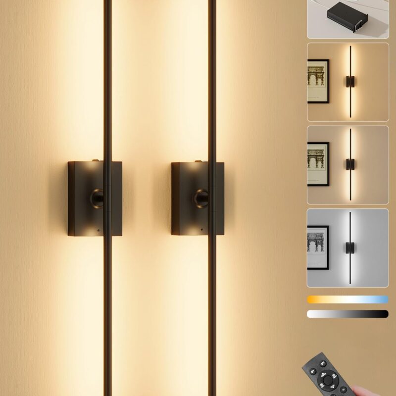 Battery Operated Wall Sconces Set of 2, 31.6in Black 10000mAh Wireless Rechargeable 3000-6000K Dimmable 350° Rotate Wall Light with Remote for Living Room, Bedroom